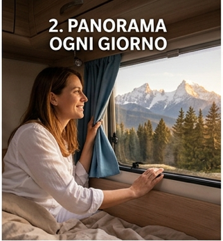 donna affacciata alla finestra del camper guarda paesaggio montano